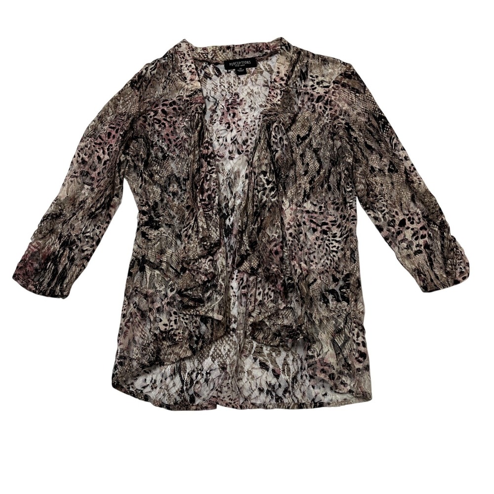 Perceptions Sheer Lace Cardigan Size 10 Pink Animal Print Open Front Layer Fairy